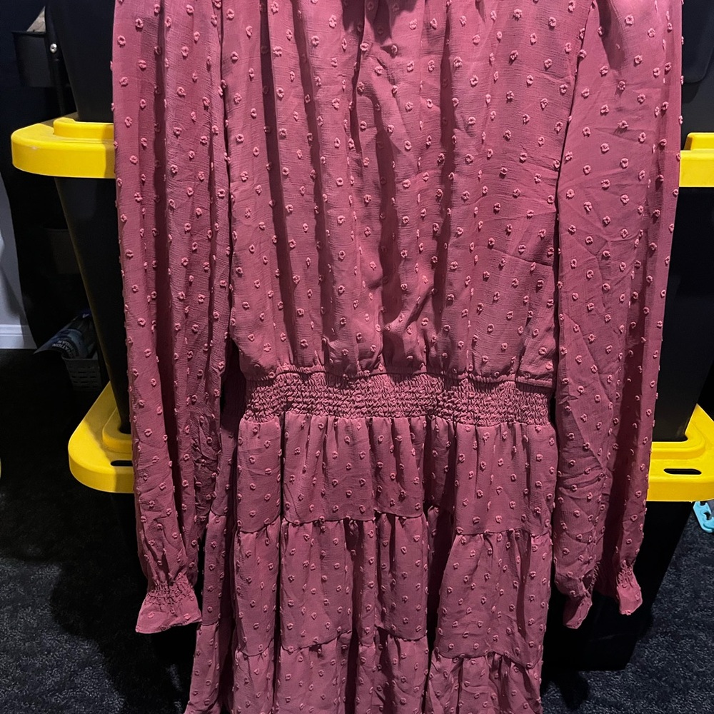 Long Sleeve Tiered Swiss Dot Dress in Mauve Pink